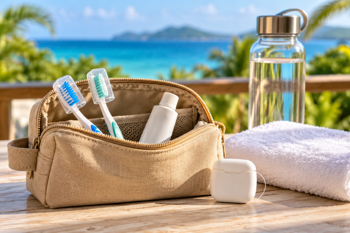 Travel dental kit with toothbrushes, toothpaste and floss beside a towel and water bottle overlooking the sea.