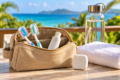 Travel dental kit with toothbrushes, toothpaste and floss beside a towel and water bottle overlooking the sea.